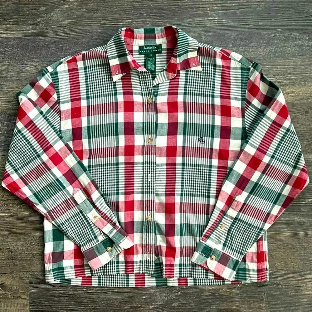 Lauren Ralph Lauren Wide Cropped Cotton Button Down Red Green Plaid Small